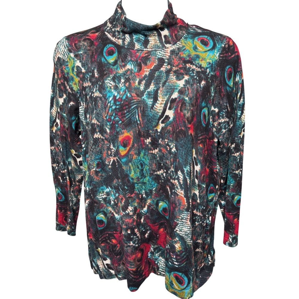 CONTEXT x Lord & Taylor Multicolor Peacock Print Mock Neck Top 2X Art to Wear